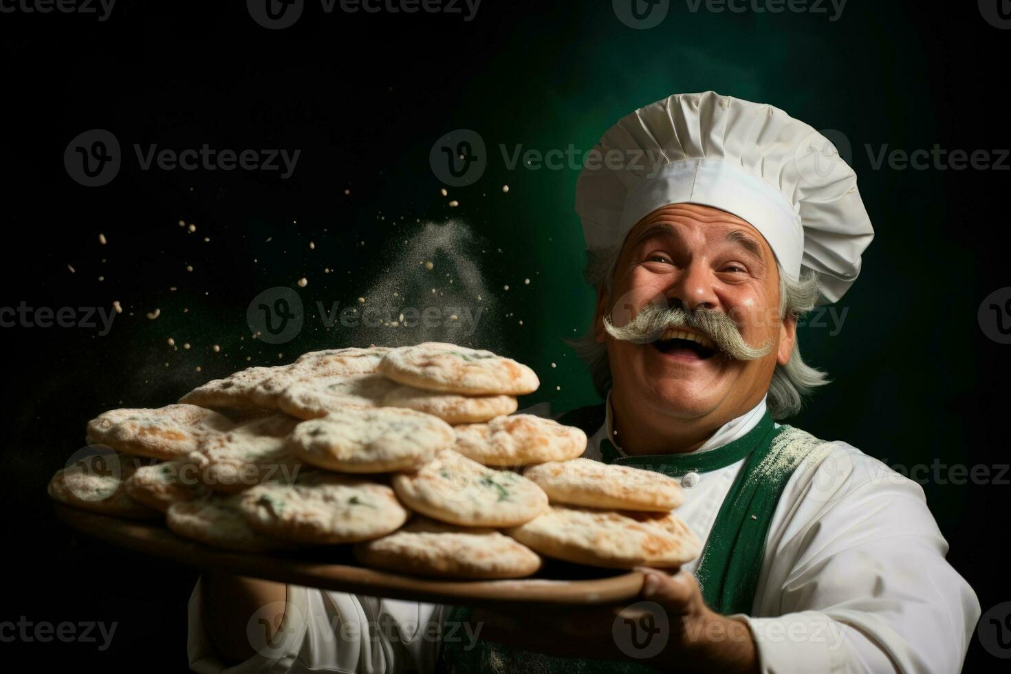 Chef tossing pizza dough isolated on a gradient basil green background photo