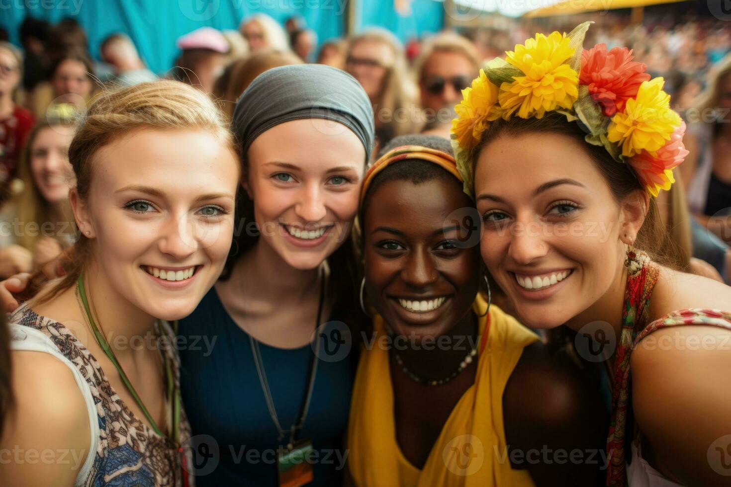 Diverse group selfies at cultural festivals imbued with chic plum toned vibrancy photo