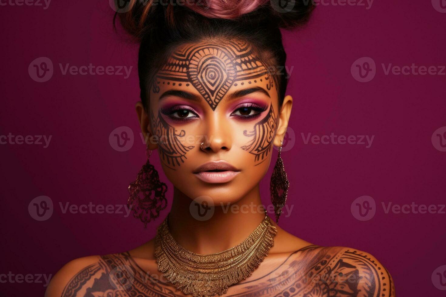 Portrait of ethnic facial tattoos isolated on a mystical magenta to ancient ochre gradient background photo