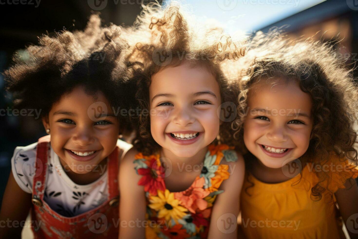 multi étnico para niños jovial al aire libre Tiempo de juego capturado en vibrante soleado matices foto