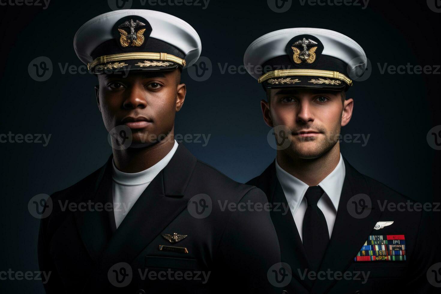 Multi ethnic military personnel portraits isolated on a gradient courage navy blue background photo