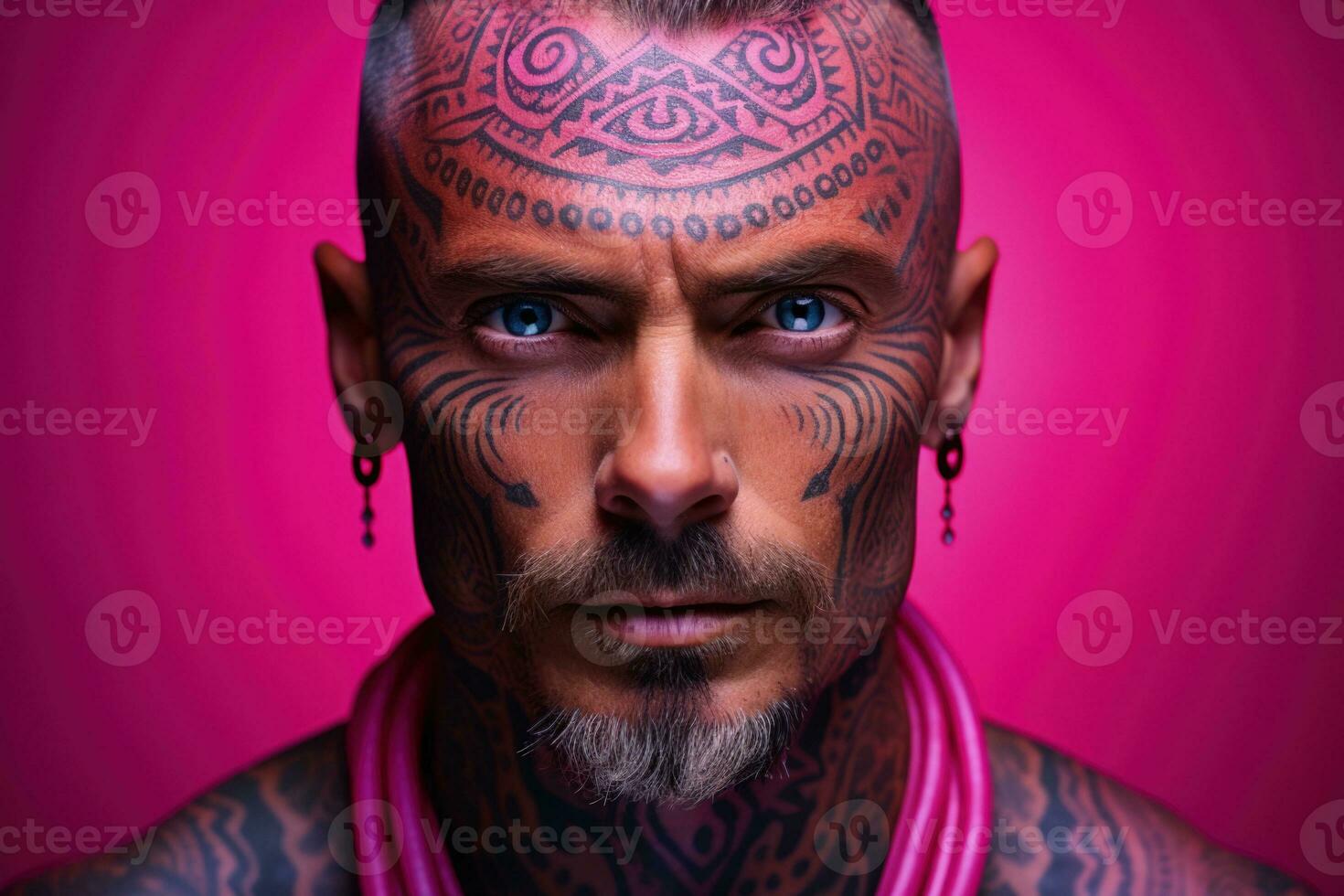 Portrait of ethnic facial tattoos isolated on a mystical magenta to ancient ochre gradient background photo