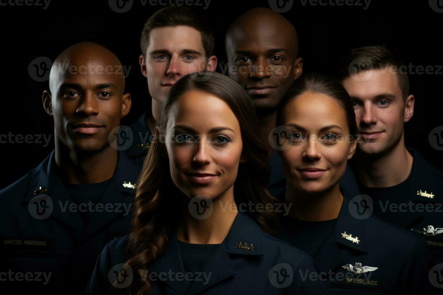 Multi ethnic military personnel portraits isolated on a gradient courage navy blue background photo