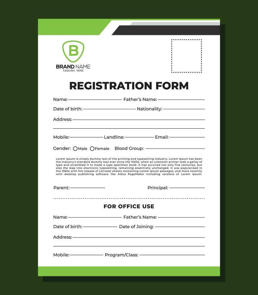 School Registration Form Vector Design Template