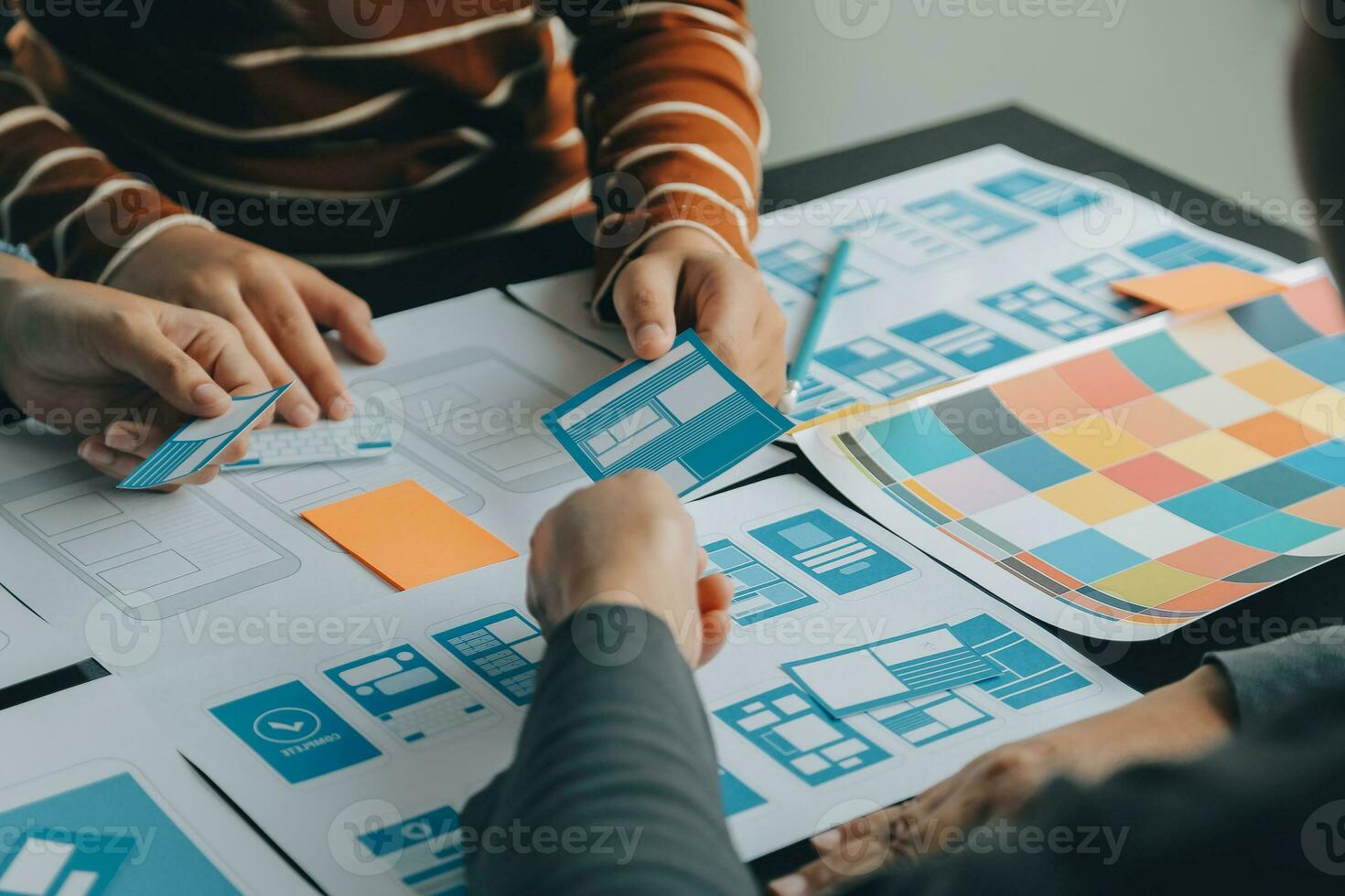 ux Graphic designer creative sketch planning application process development prototype wireframe for web mobile phone . User experience concept. photo