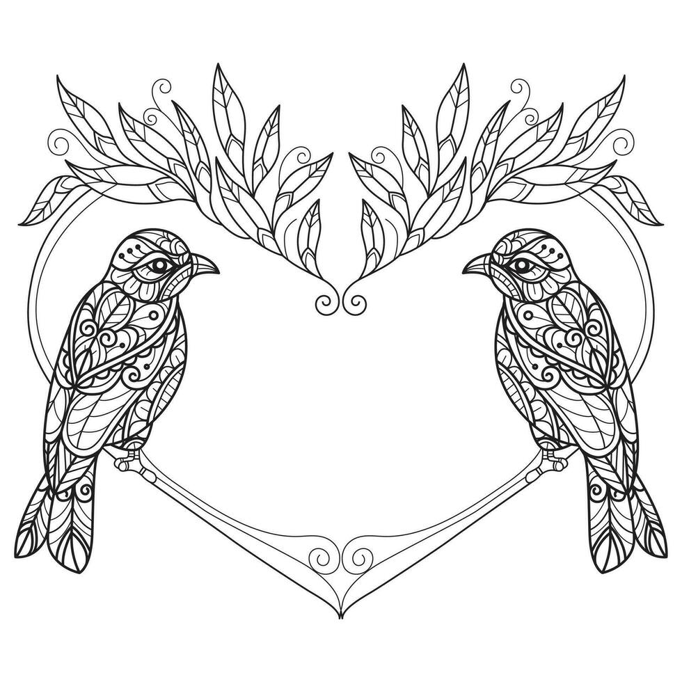 Heart flower frame and bird hand drawn for adult coloring book vector