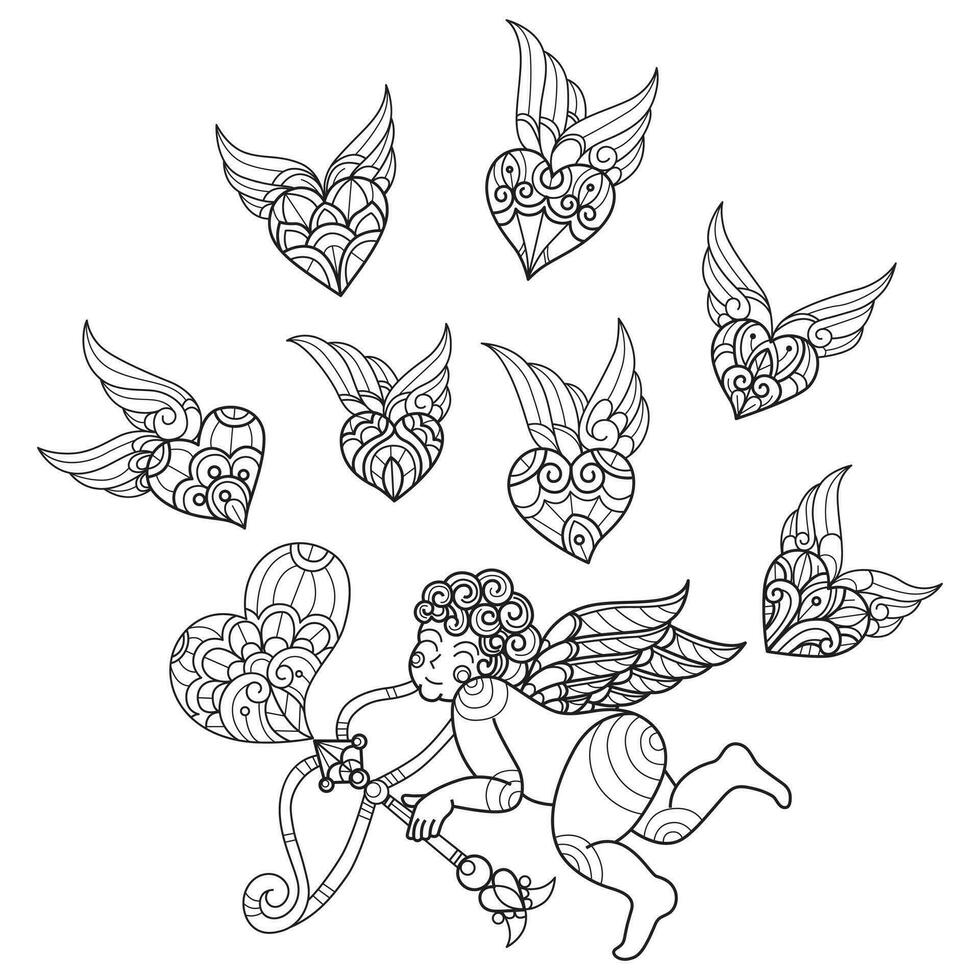 Cupid and heart hand drawn for adult coloring book vector