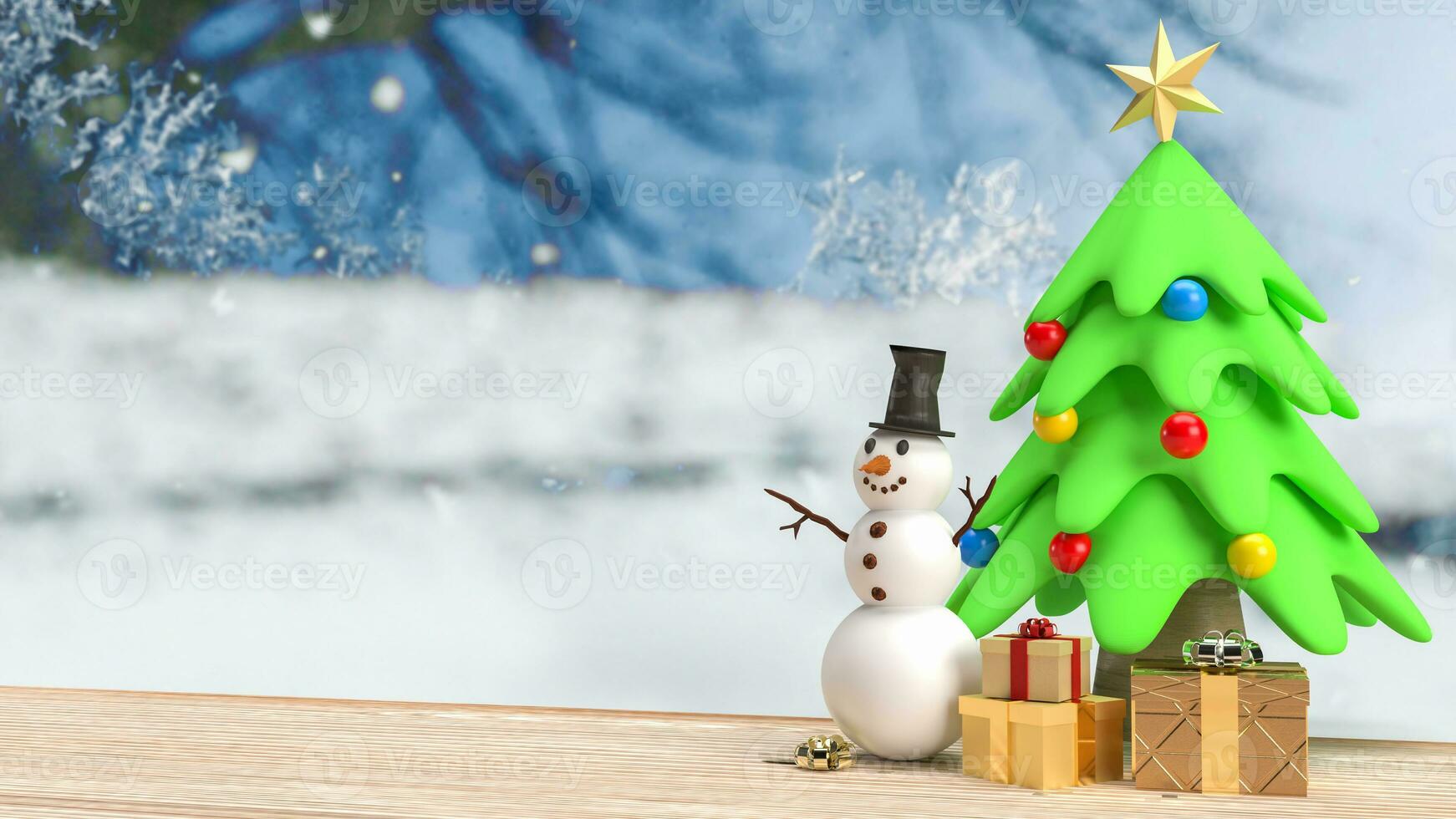 The Snowman and Christmas tree for celebrities or holiday concept 3d rendering. photo