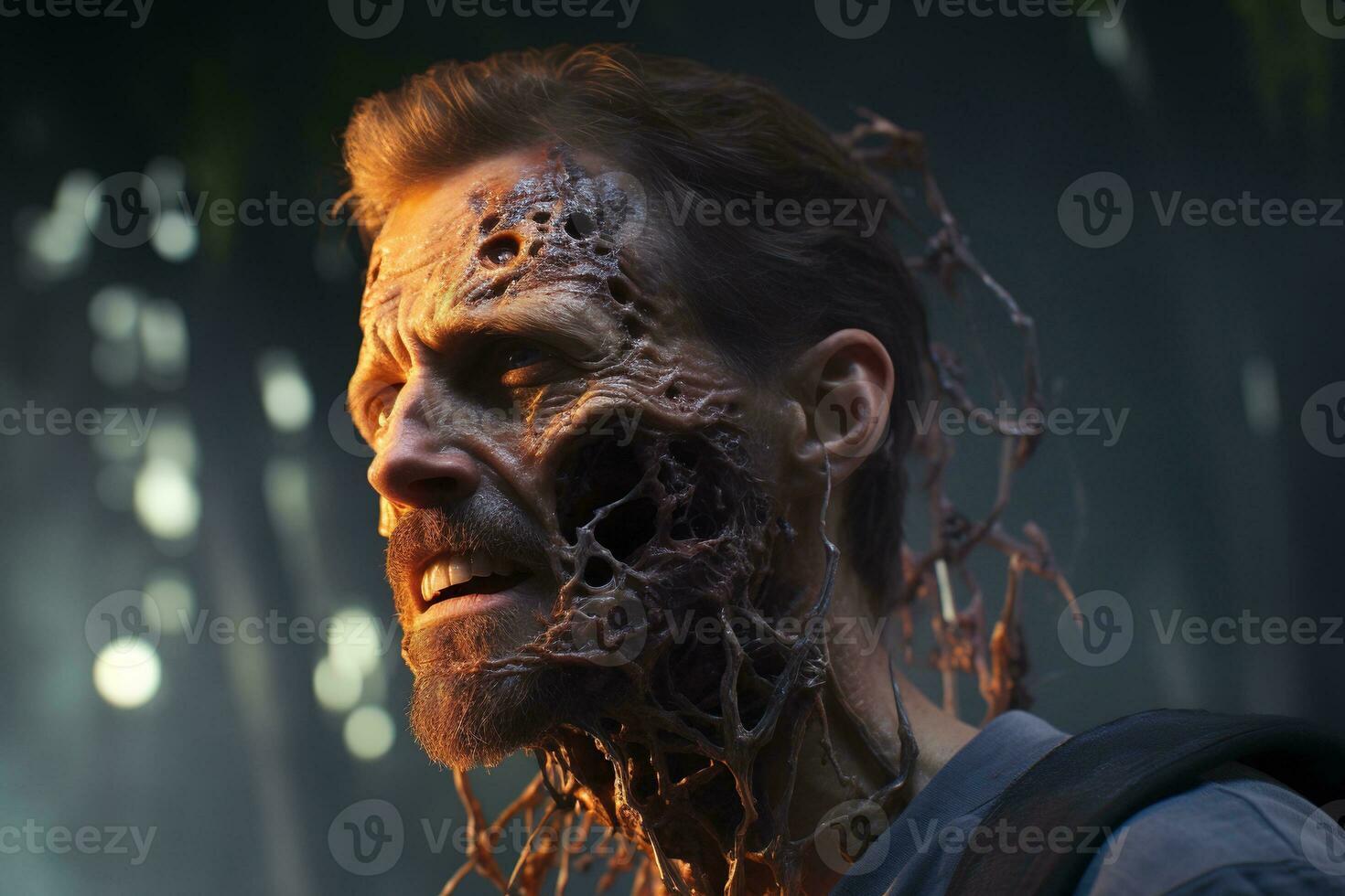 Generative AI, man with cordyceps growing on and out of his face and head, zombie photo