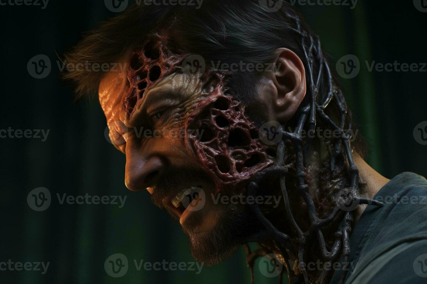 Generative AI, man with cordyceps growing on and out of his face and head, zombie photo
