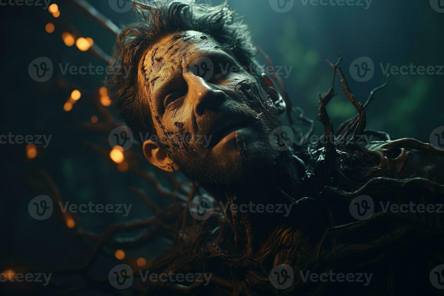 Generative AI, man with cordyceps growing on and out of his face and head, zombie photo