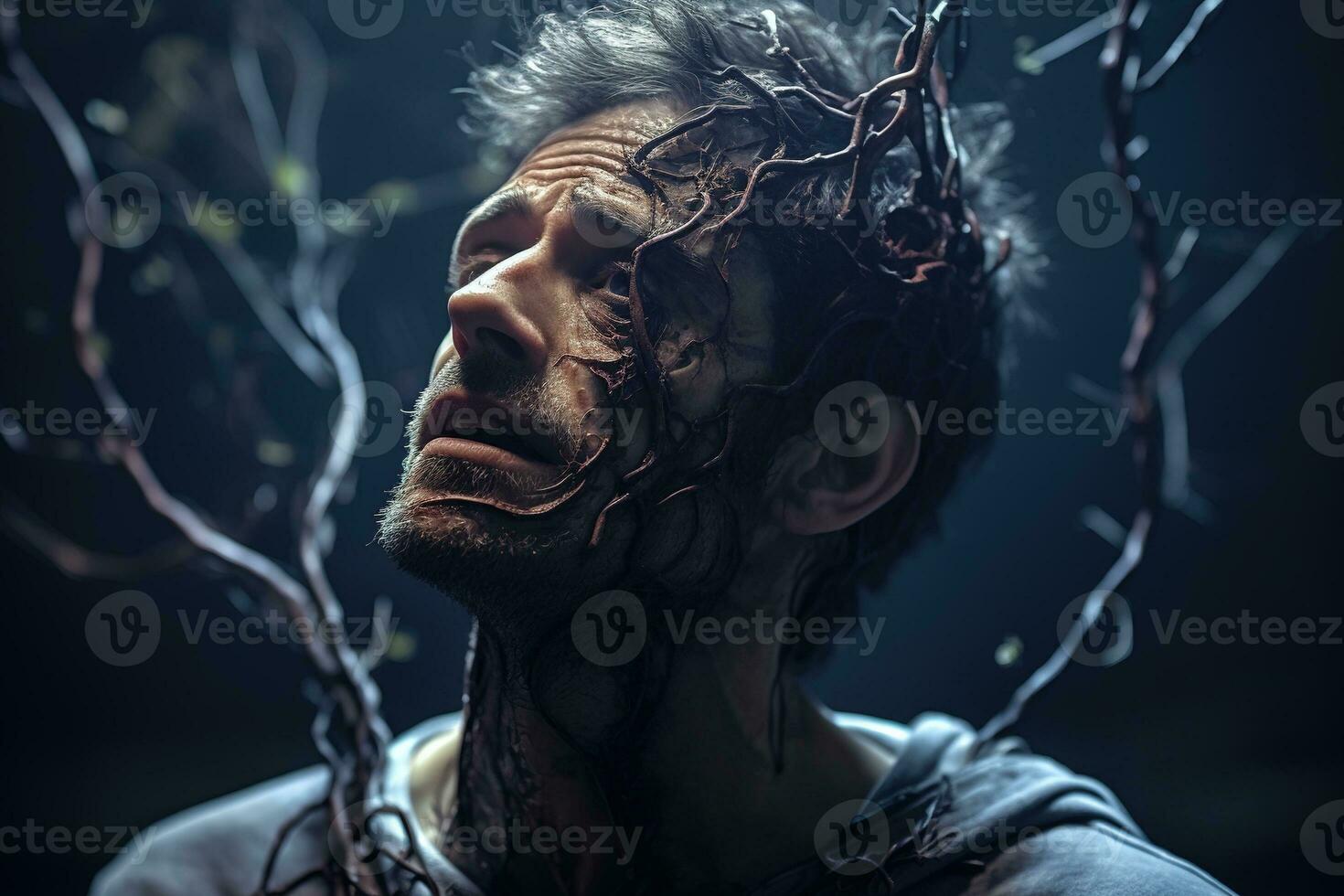 Generative AI, man with cordyceps growing on and out of his face and head, zombie photo