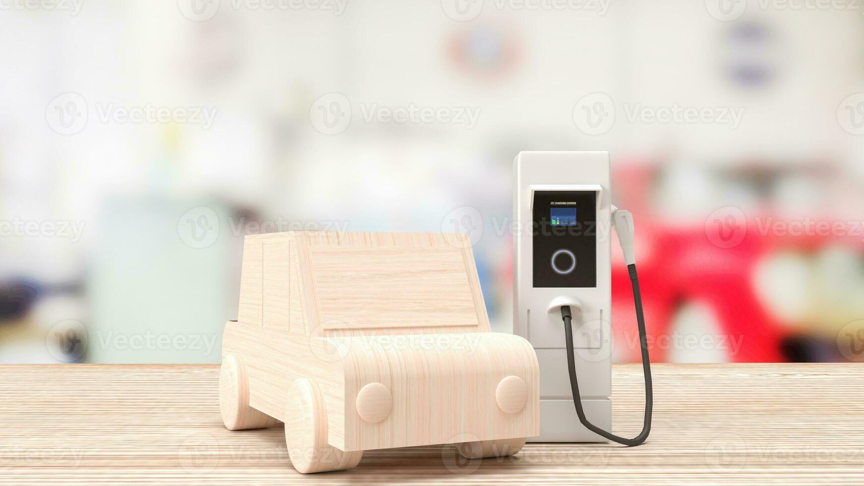 Ev station and wood car  on Table for Technology concept 3d rendering photo