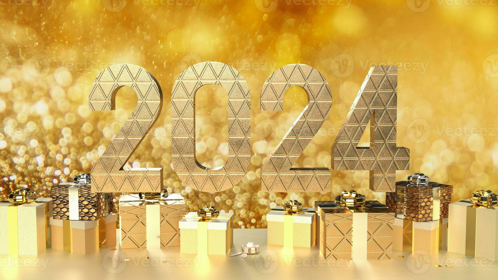 The 2024 gold and gift box for celebration concept 3d rendering. photo