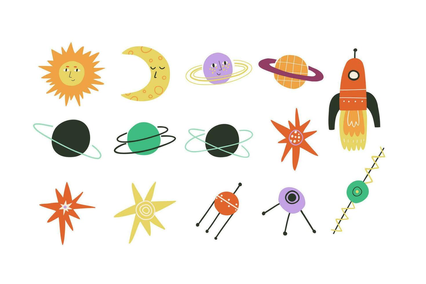 Set with space elements in flat style. Sun, moon, planets, rocket. Vector illustration.