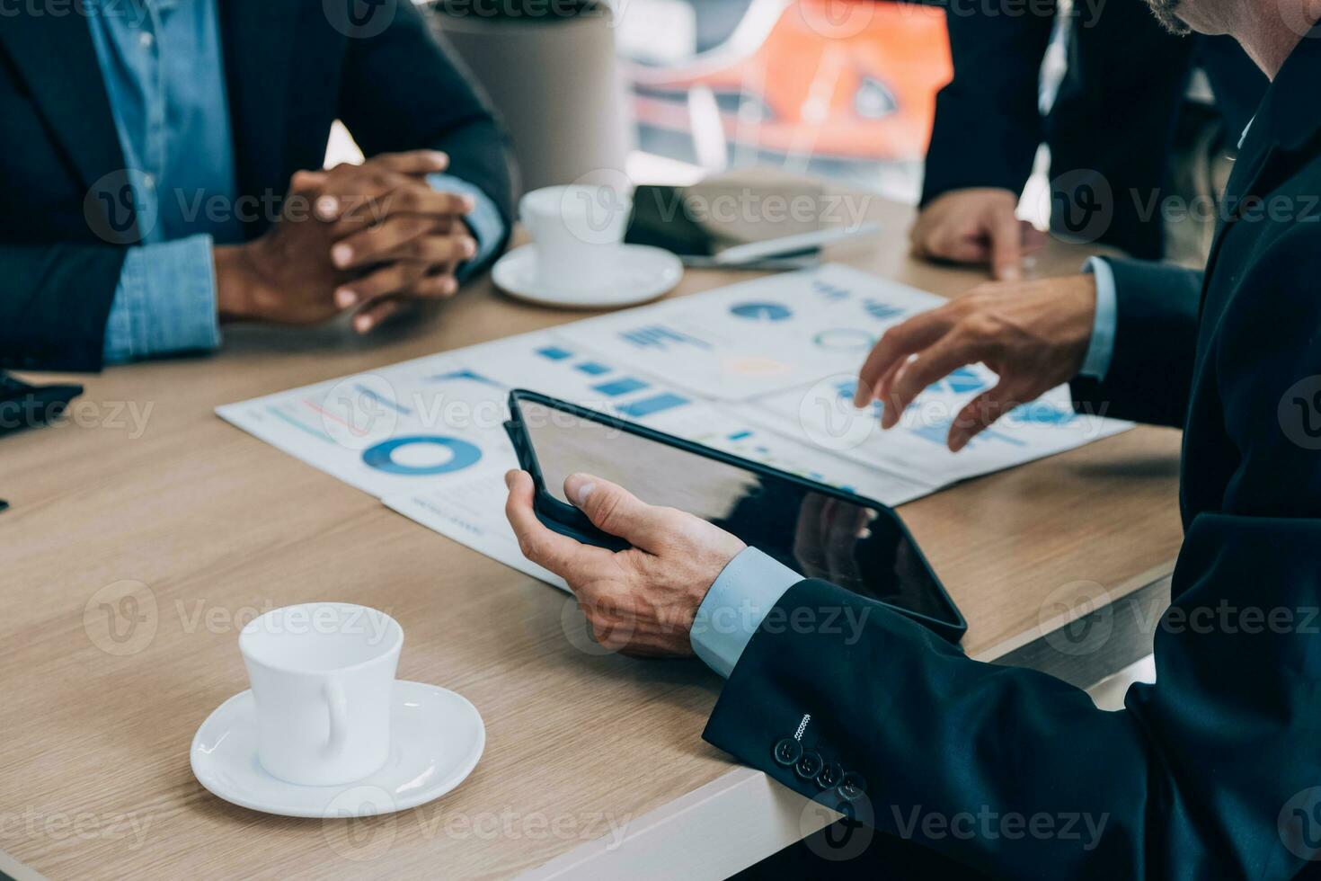 Entrepreneurs and business people conference in modern meeting room, happy multiracial coworkers have fun cooperating working together at office meeting, asian teamwork concept photo