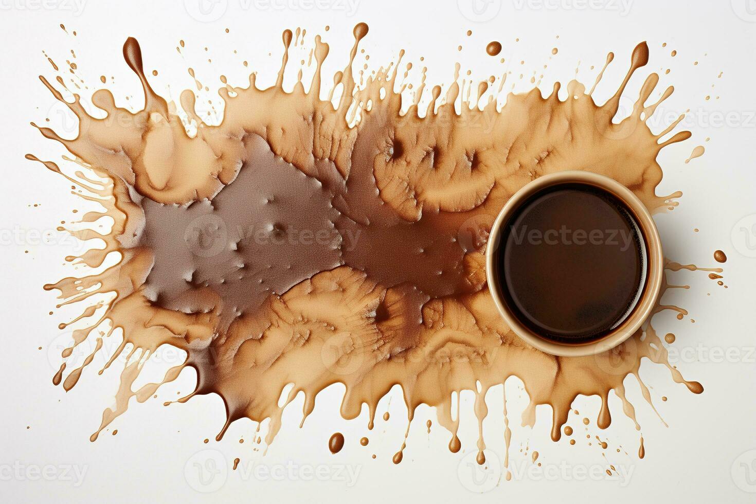 White cup and spilled coffee around on a white background, top view. Generated by artificial intelligence photo
