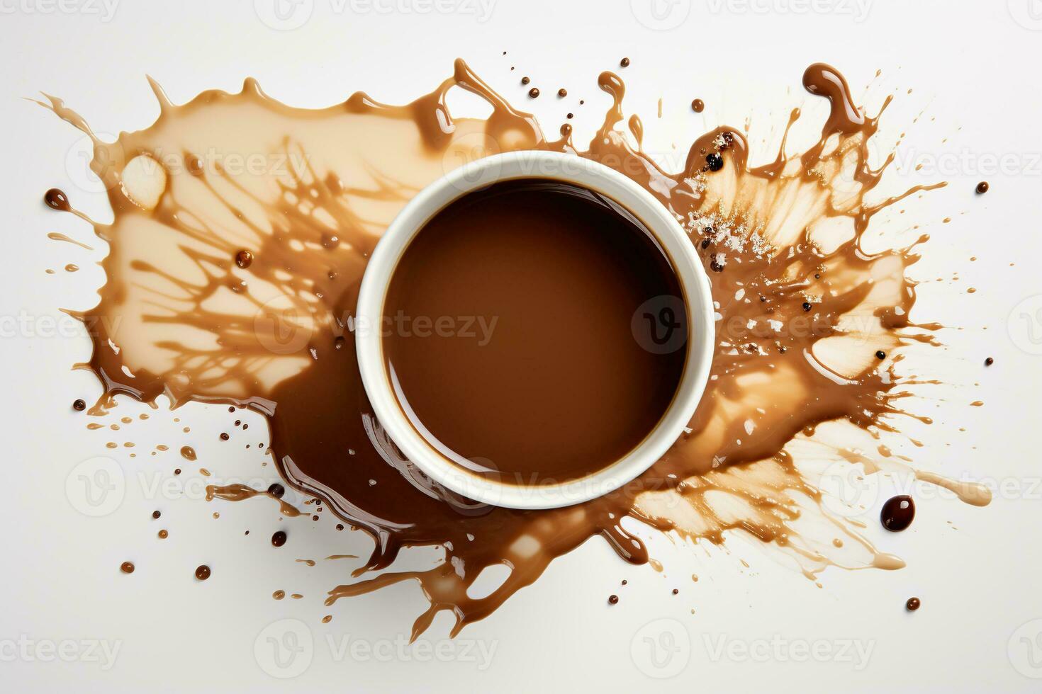 White cup and spilled coffee around on a white background, top view. Generated by artificial intelligence photo