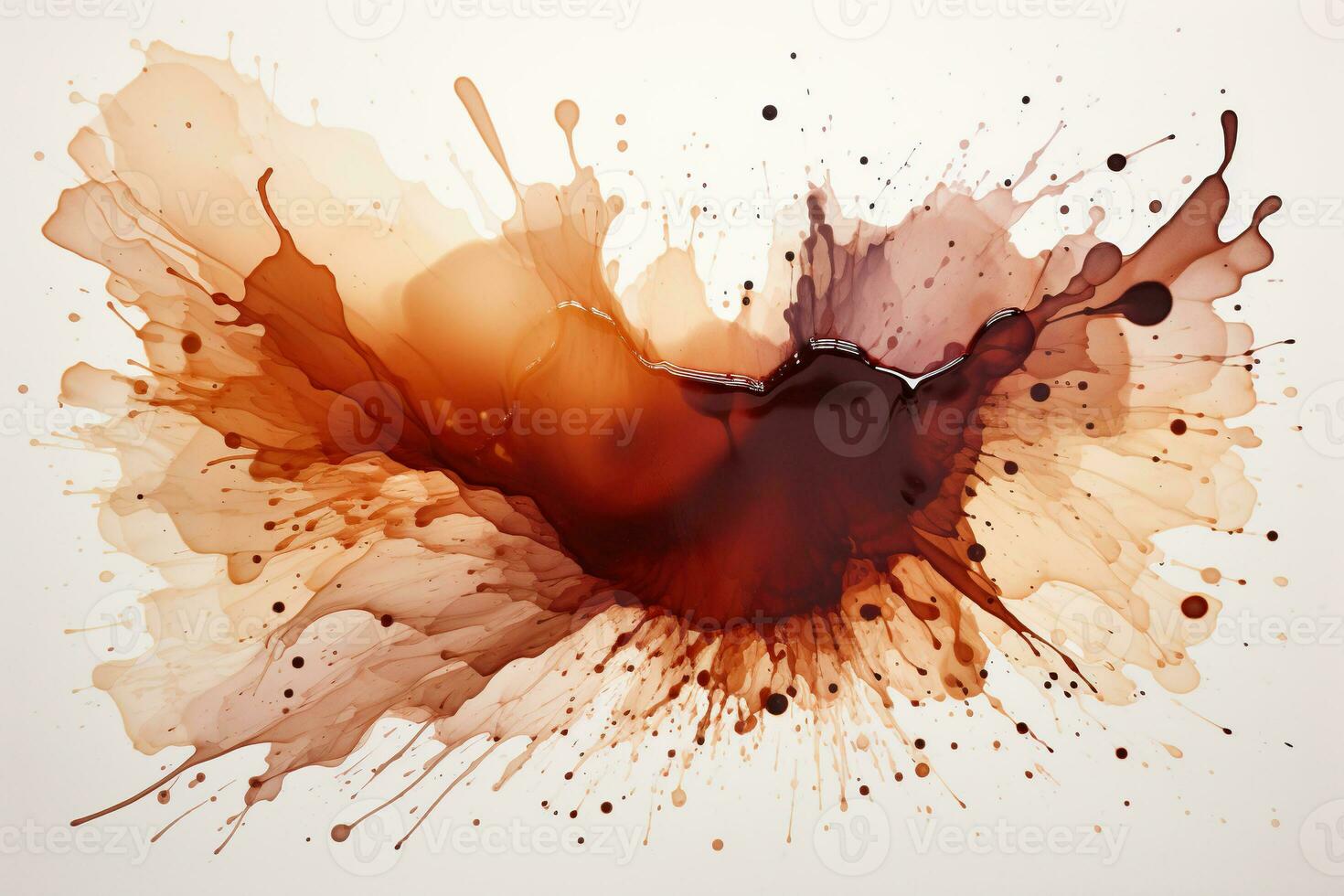 Texture of spilled coffee with drops and smudges on a white background. Abstract background. Generated by artificial intelligence photo