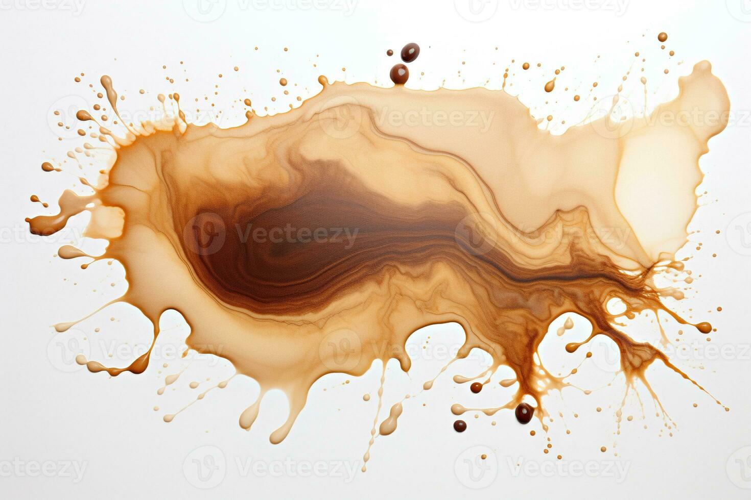 Texture of spilled coffee with drops and smudges on a white background. Abstract background. Generated by artificial intelligence photo