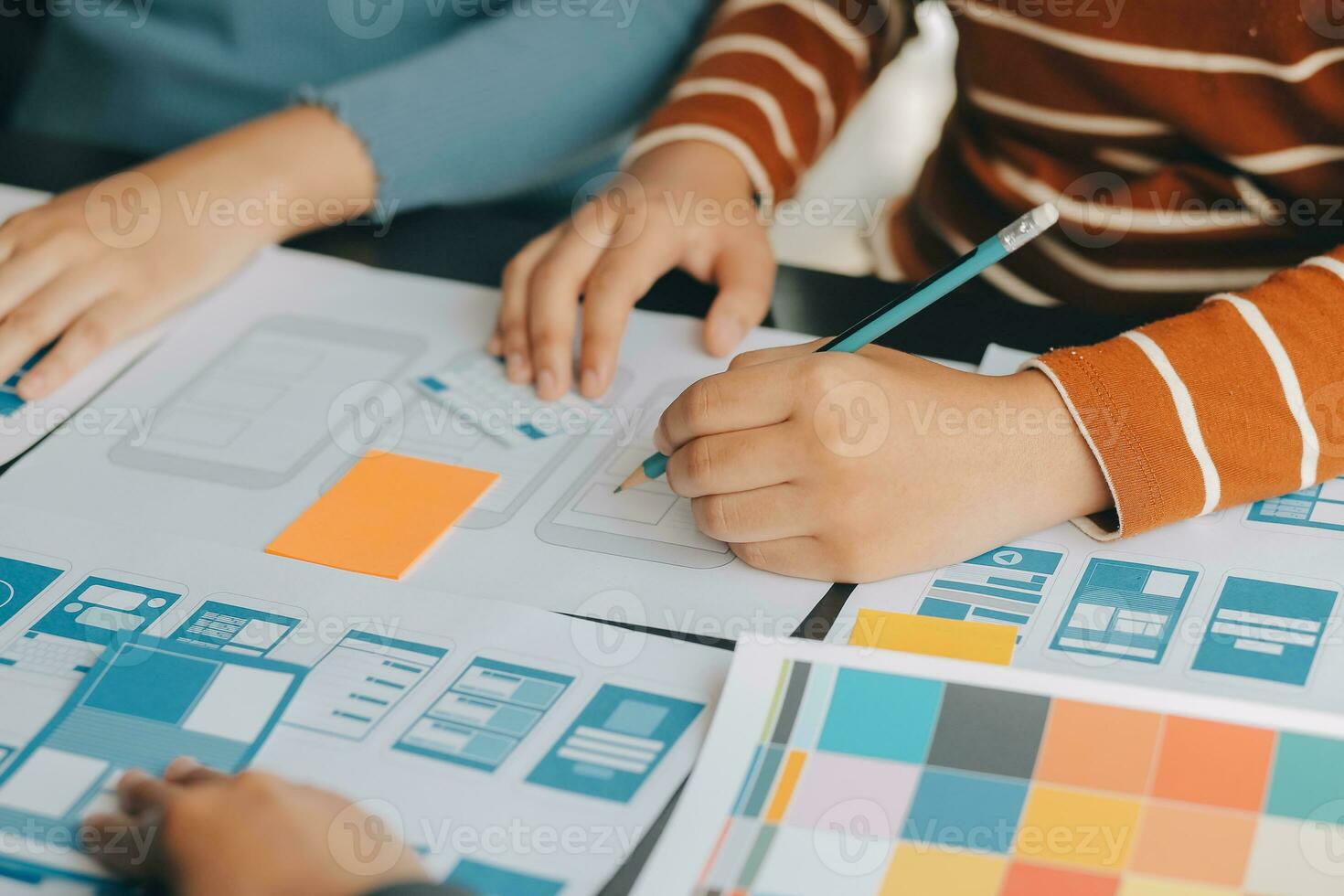 ux Graphic designer creative sketch planning application process development prototype wireframe for web mobile phone . User experience concept. photo