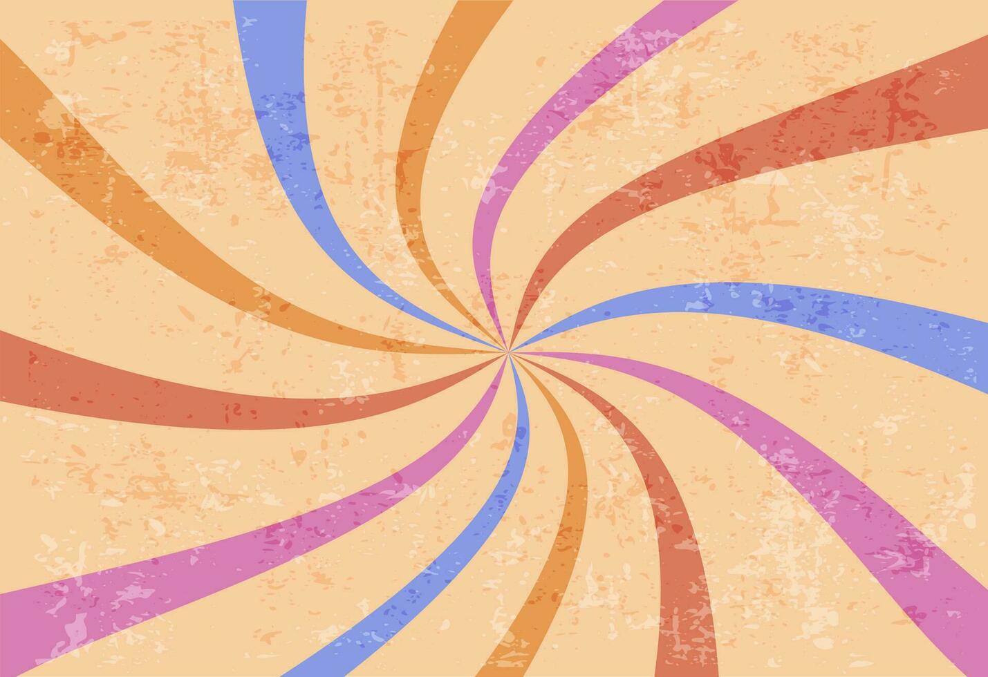 Retro colorful backdrop with spiral beams, groovy background with scuffed texture, old style abstract and empty card. Vector illustration.