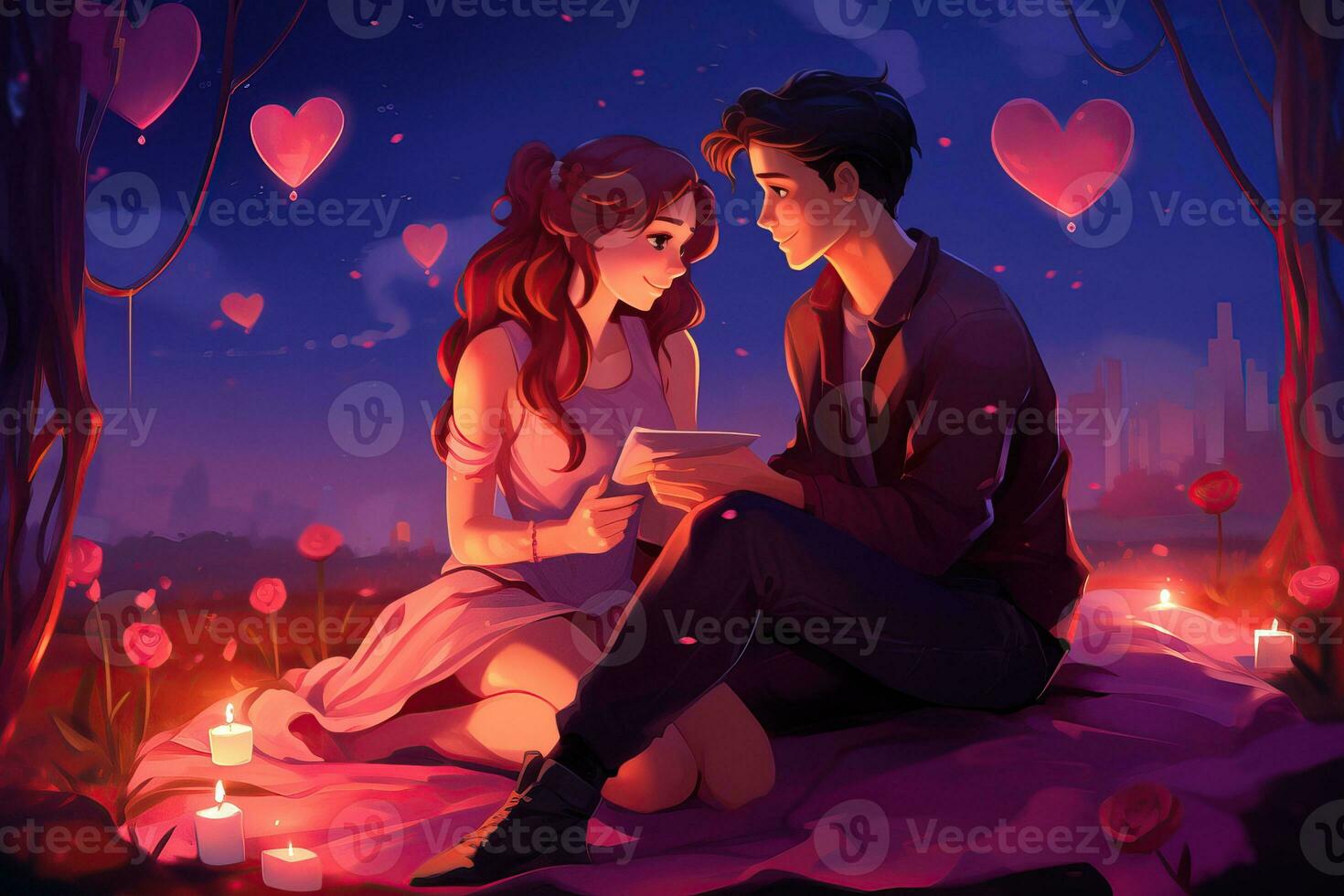 Romantic Couple lovers in park, under trees. Romantic date night under the stars. Valentines Day photo