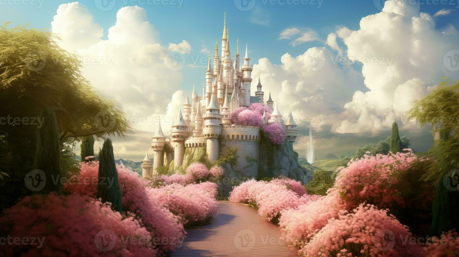 A fabulous castle with a path of lush flowers and cotton candy clouds photo