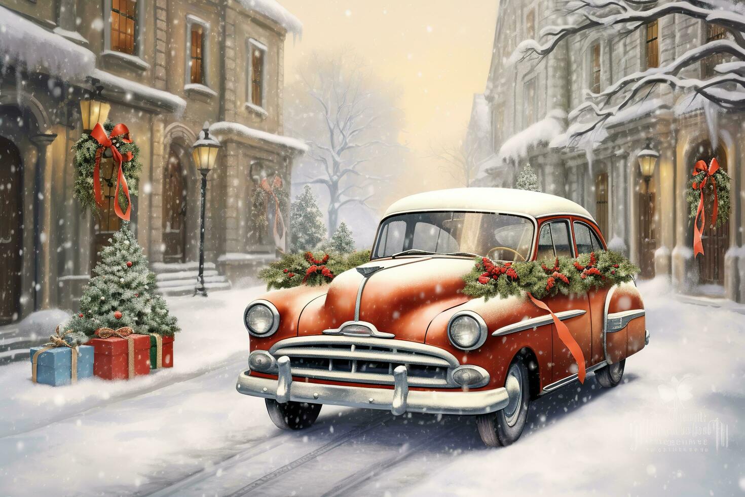 Vintage illustration of a vintage car decorated with garlands and gifts photo