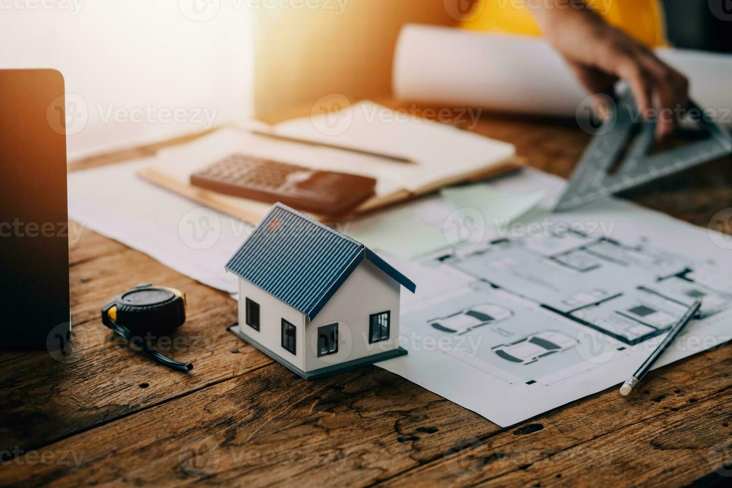 Construction and structure concept of engineer working drawing on blueprint meeting for project working with partner on model building and engineering tools in working site, construction concept photo