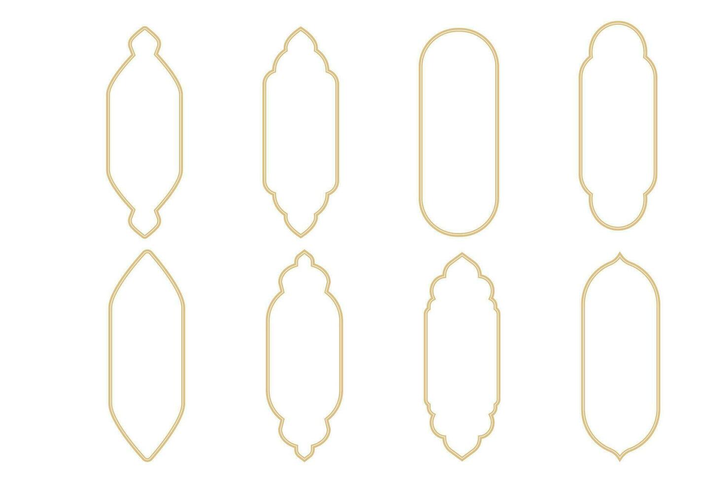 Set Islamic arch frame golden minimal line border isolated on white background. Boho gold muslim door, window decoration. Vector illustration