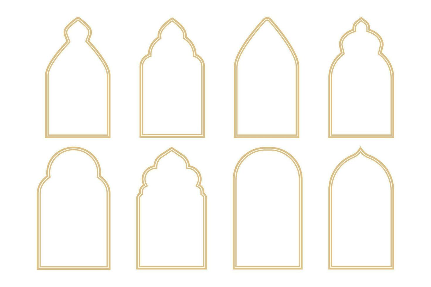 Set Islamic arch frame golden minimal line border isolated on white background. Boho gold muslim door, window decoration. Vector illustration