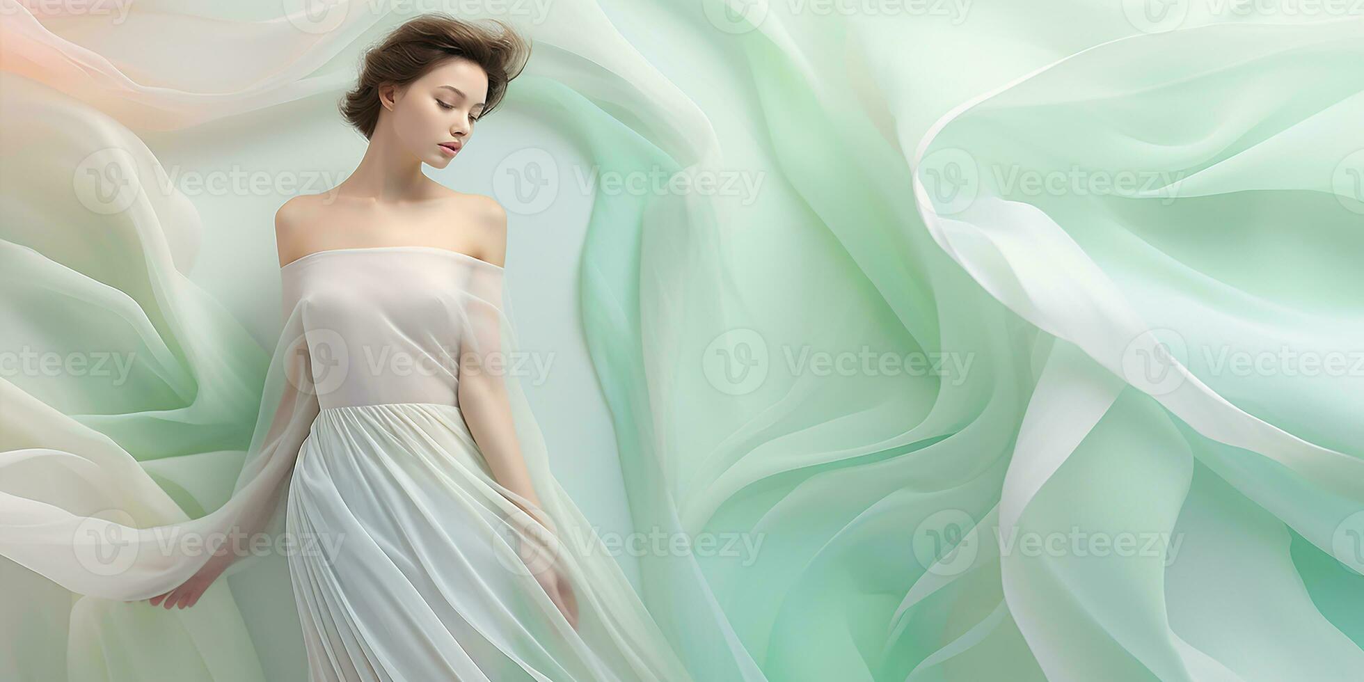 girl in airy soft folds of pastel-colored fabric. delicate fabric, headband. AI generated photo