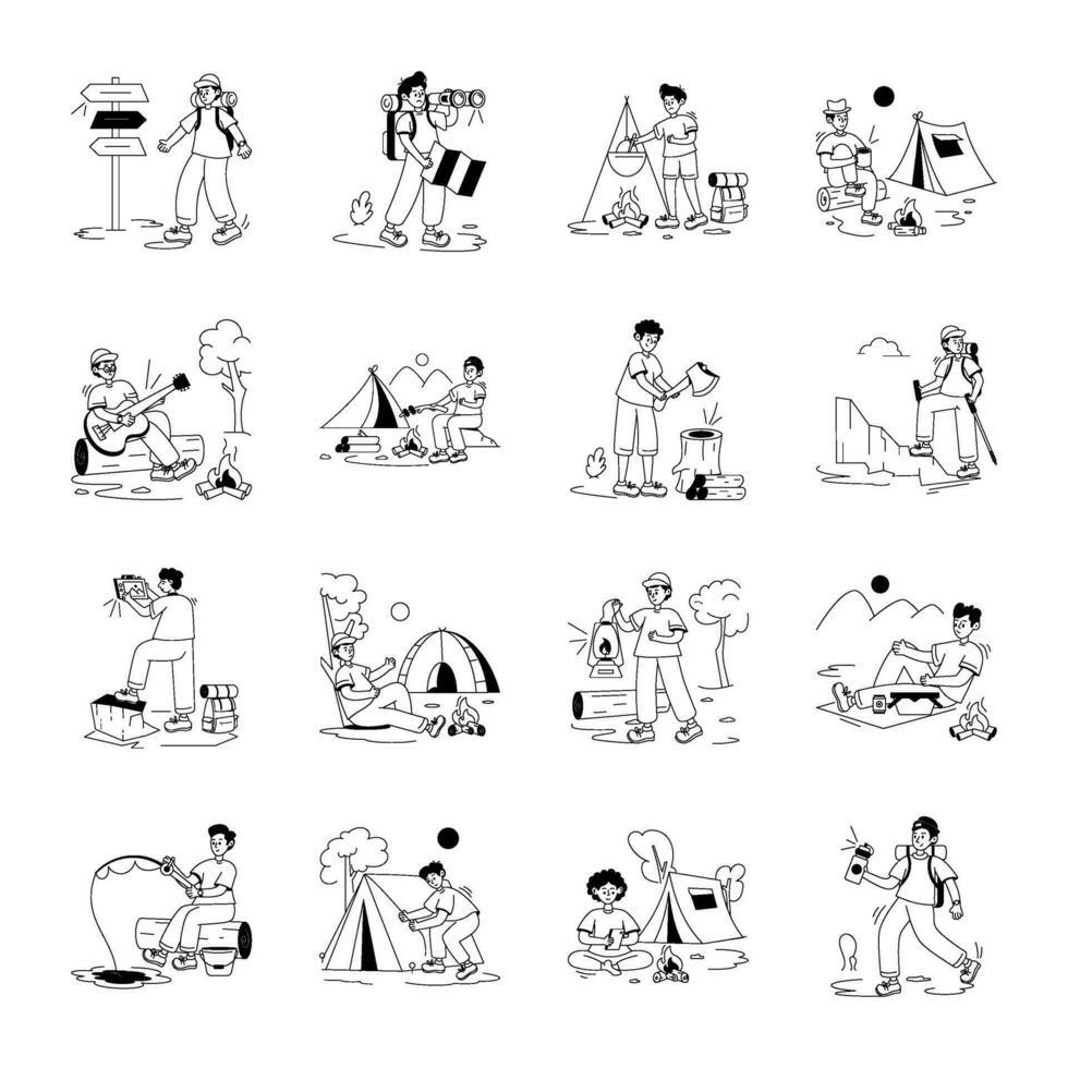 Pack of Camping Adventure Line Illustrations vector