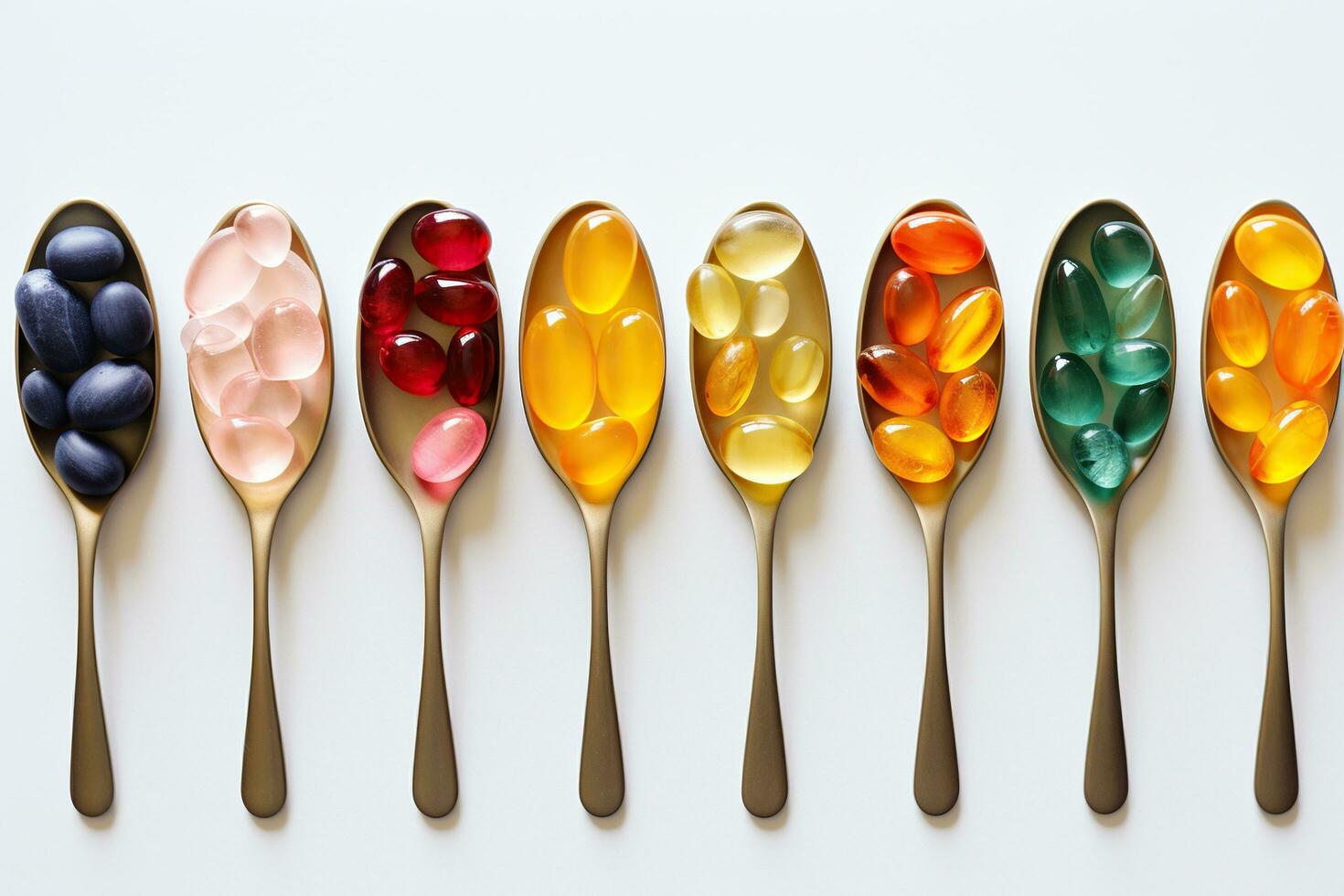 A set of spoons with various vitamins, tablets lie in a row on a white background. Generated by artificial intelligence photo