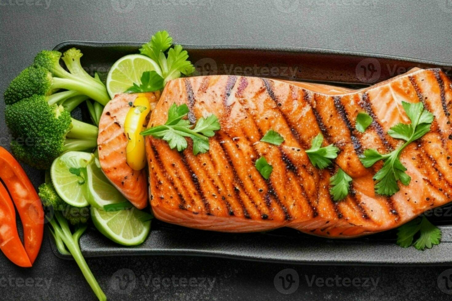 Grilled salmon fillet with fresh vegetables. AI Generative Pro Photo
