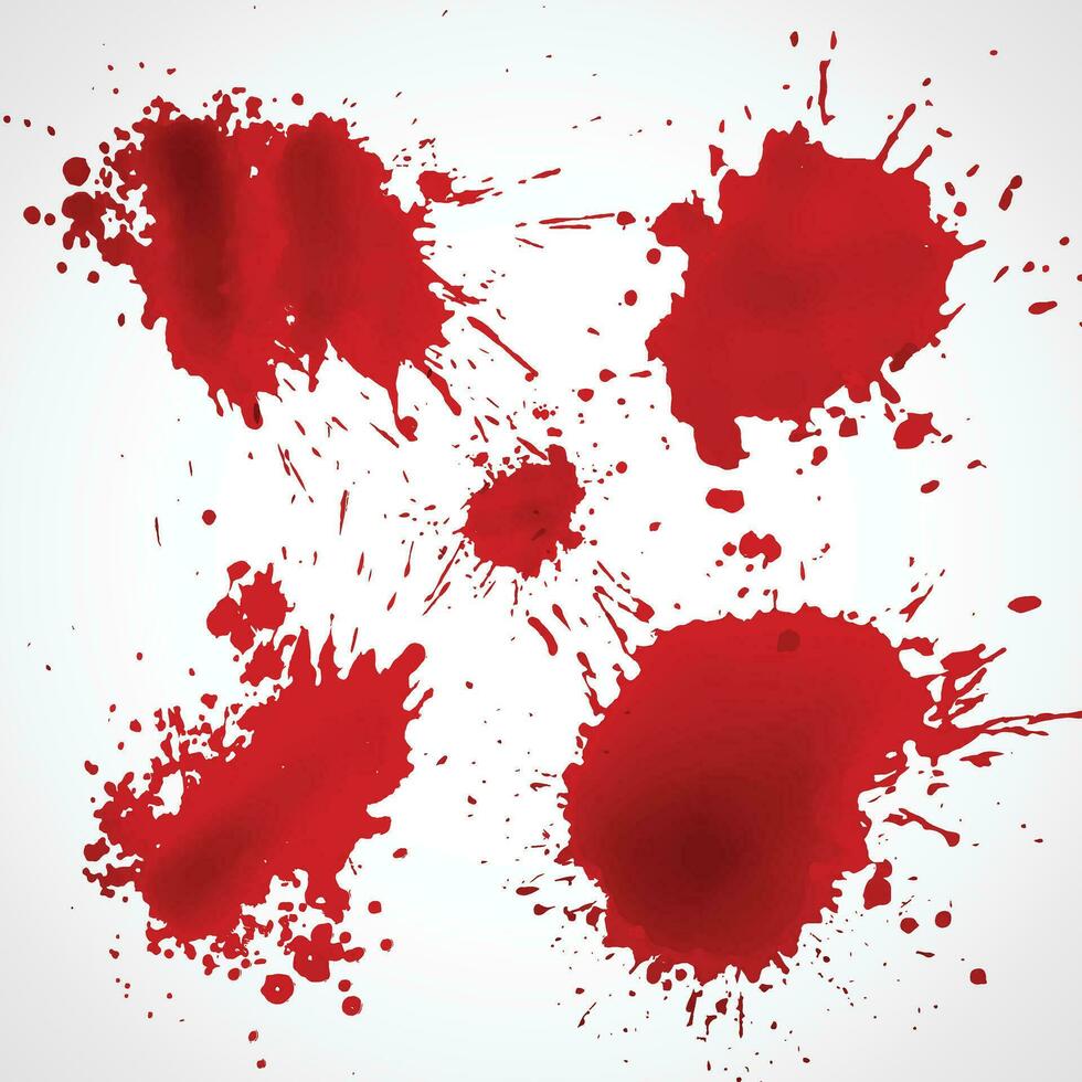 Dirty collection of paint splatter imitating blood, cut marks, splashes, drops, blots, spray, bloody hand and dirty fingerprints. Isolated set blood ink with splashes and drops. Red grunge set vector