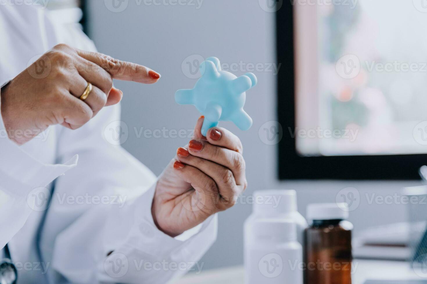 Female doctor holding virtual Lungs in hand. Handrawn human organ, copy space on right side, raw photo colors. Healthcare hospital service concept stock photo