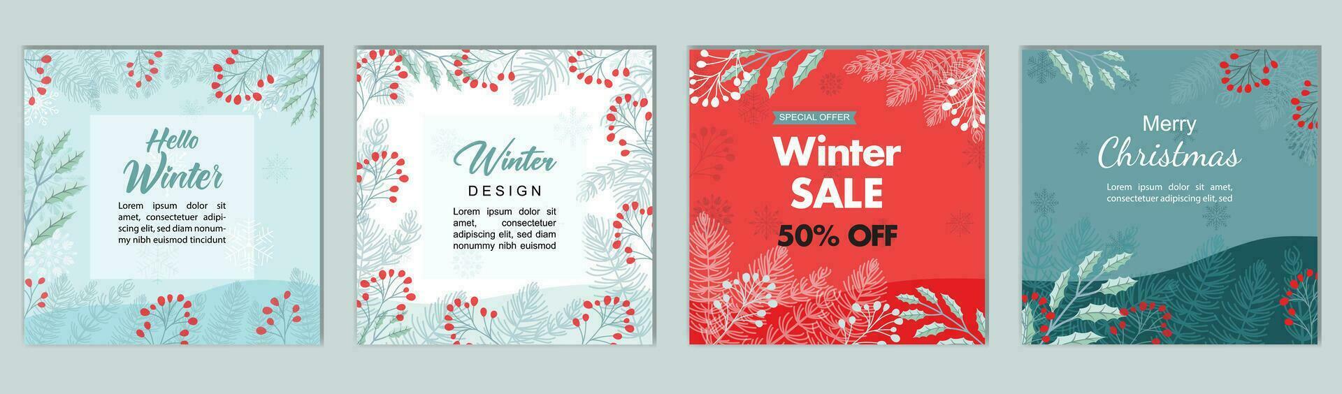 Winter Holidays square templates. Winter sale social media post frame with Christmas tree shape, snowflakes and red berries vector