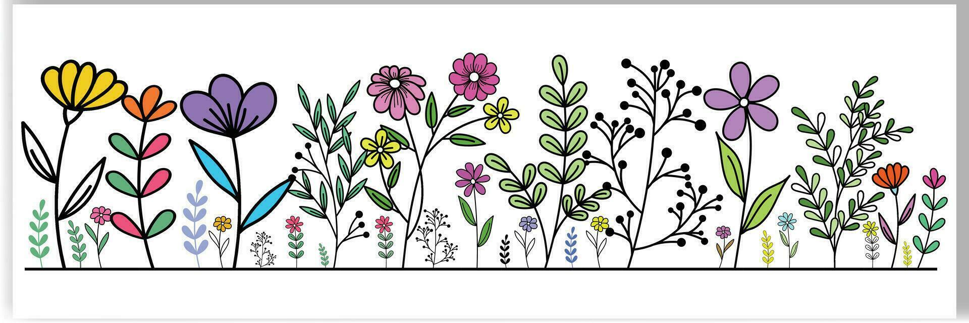 Botanical abstract line art composition minimal floral border of hand-drawn herbs flowers leaves vector