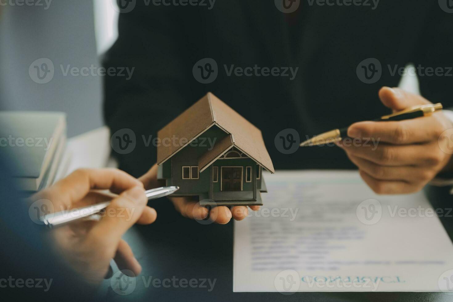 Business and lawyers discussing contract papers with brass scale on desk in office. Law, legal services, advice, justice and law concept picture with film grain effect photo