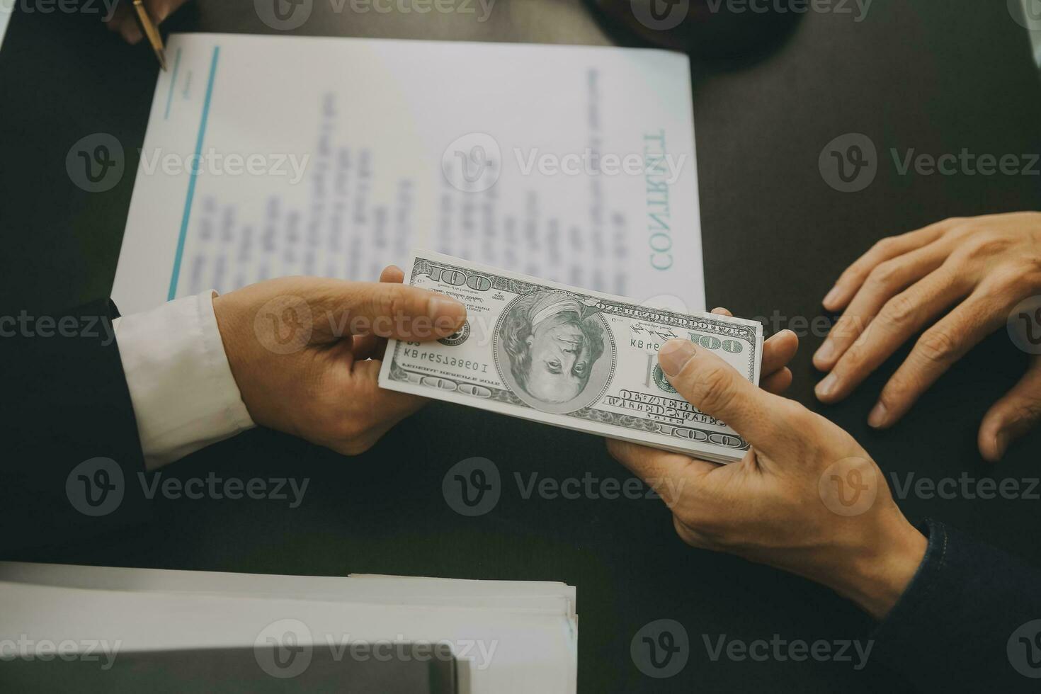 Business and lawyers discussing contract papers with brass scale on desk in office. Law, legal services, advice, justice and law concept picture with film grain effect photo