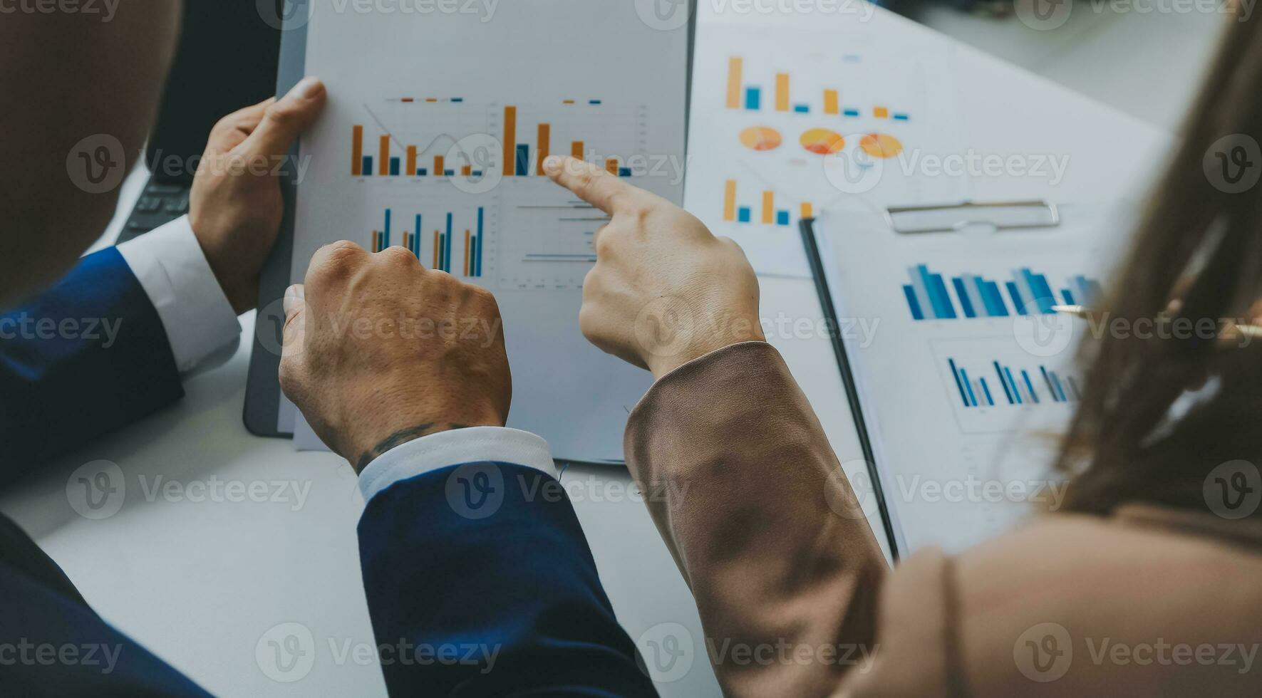 Team of business people working together in the meeting room office, teamwork background charts and graphs banner, double exposure successful teamwork,business planning concept. photo