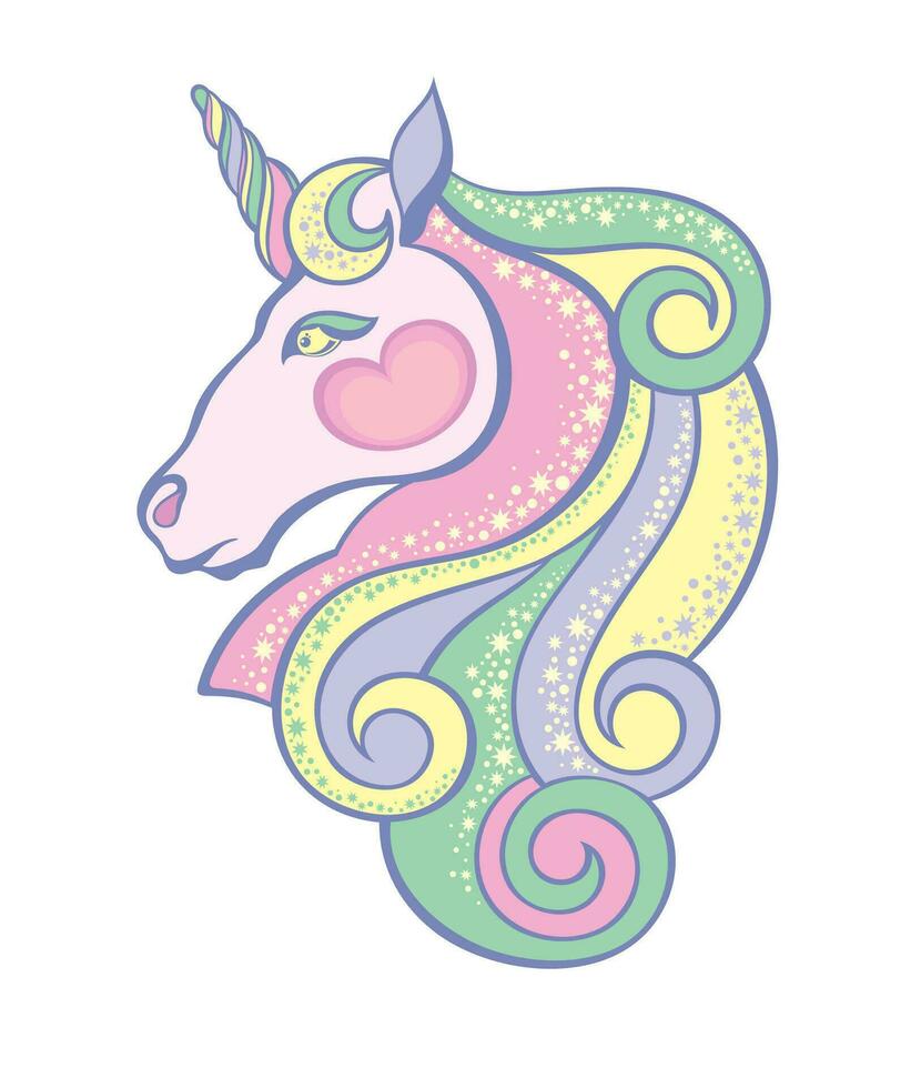 fantasía divertido unicornio con estrellas en arco iris vector