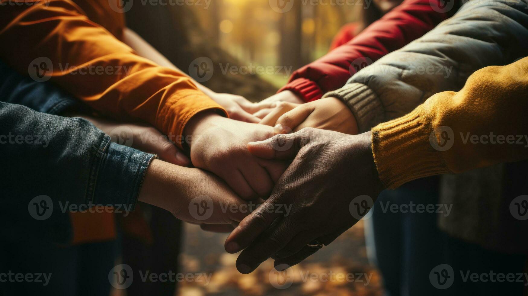 Group of friends holding hands together in forest, closeup. Unity concept. photo