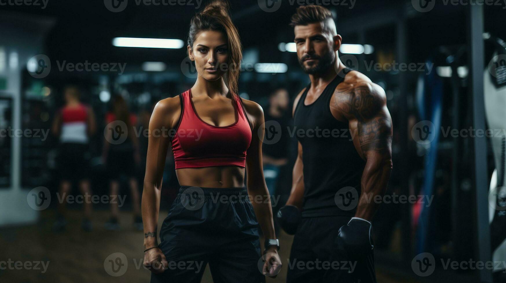 Portrait of a fit young man and woman working out in a gym. photo