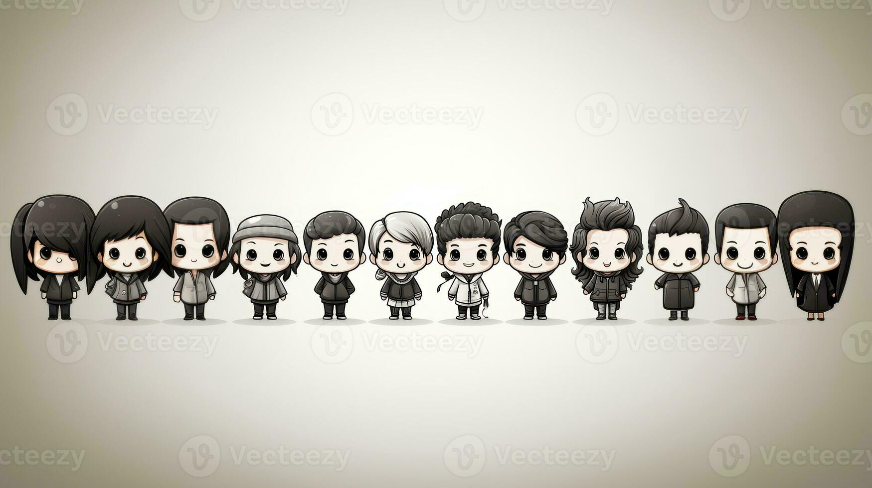 Illustration cartoon group of anime style character kids with big eyes in row. photo