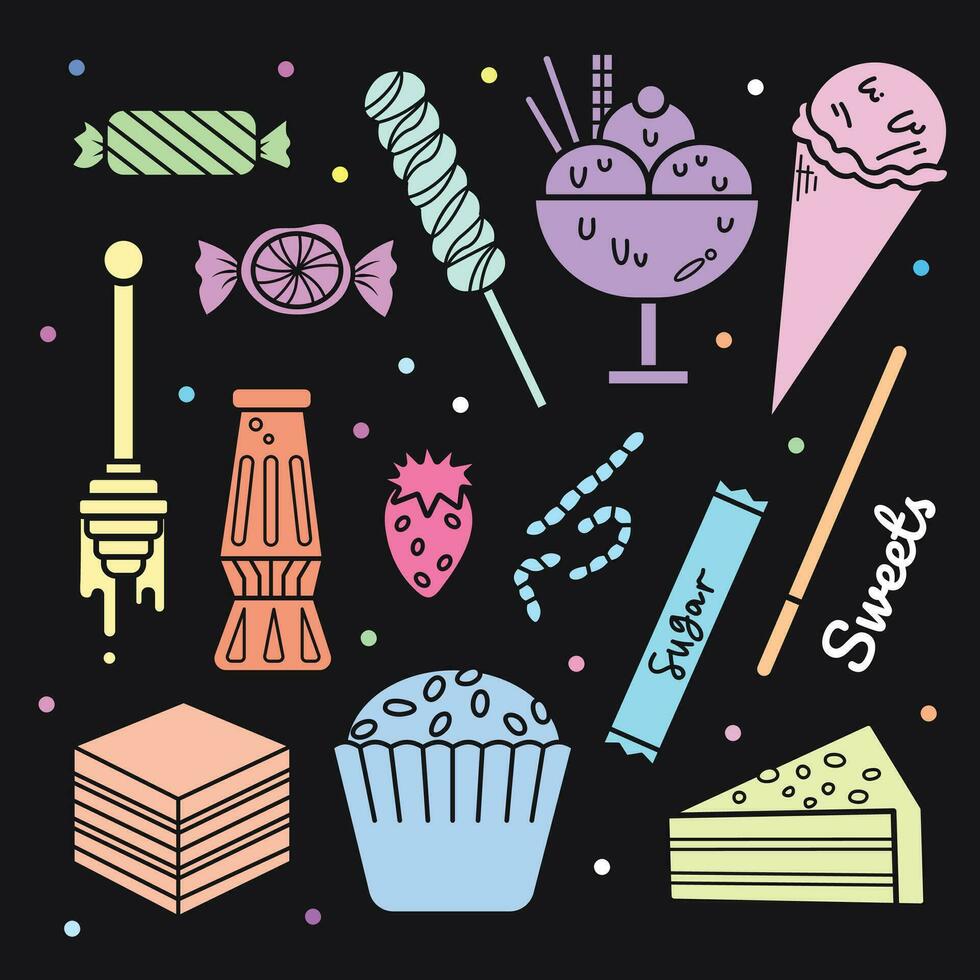 Flat colored sugary sweet foods colorful vector icon silhouette isolated on dark square background. Simple flat and cute minimalist cartoon art styled drawing.