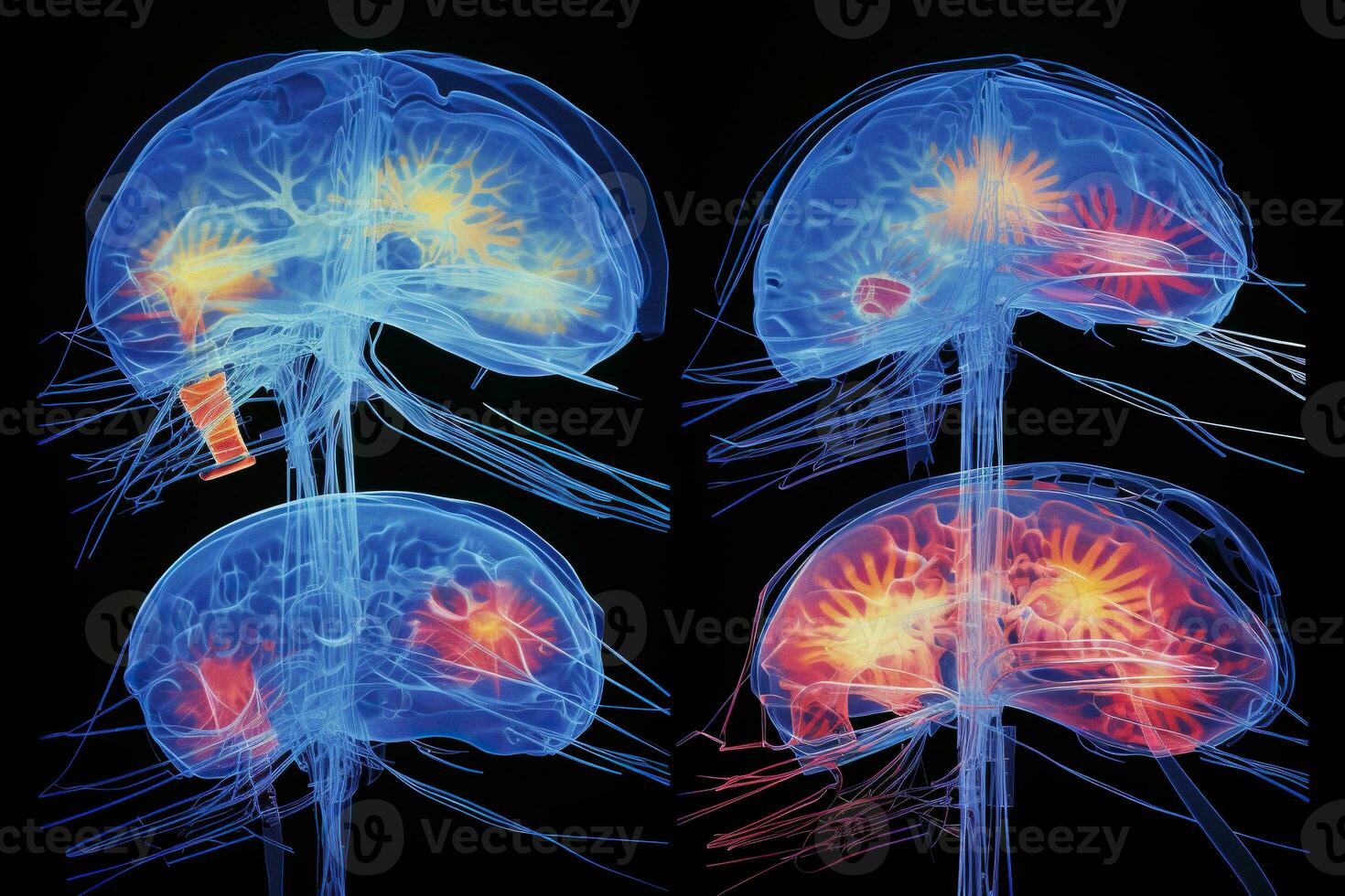Human brain study concept. Four different brains on a dark background. Generative AI photo