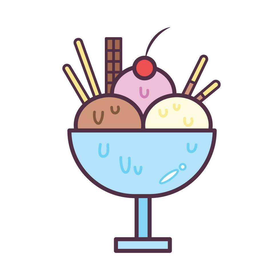 Chocolate, strawberry, and vanilla flavored ice cream scoops with chocolate and biscuit toppings inside ice cream glass vector icon illustration. Simple flat minimalist cartoon art styled drawing.